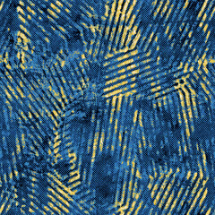 Seamless abstract vibrant blue and yellow pattern for print. High quality illustration. Textured background effect graphic motif. Vivid party glowing effect. Seamless repeat raster jpg pattern print.