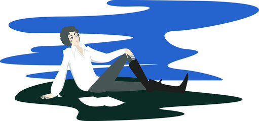 A young man of the 19th century is sitting on the grass and composing poems. Vector illustration in the style of flat design.