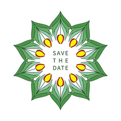 Frame with flowers and leaves of tulips. Wreath, bouquet with place for text. Modern design for invitations and cards. Vector illustration