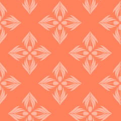 Seamless pattern with a pattern of the silhouette of tulips and leaves. Design in coral, orange for printing, packaging, fabric. Electric Tangerine. Damascus styling. Vector illustration