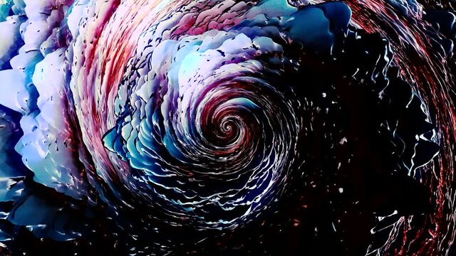Abstract liquid hurricane rotating slowly, top view. Motion. Wave like swirling spiral of blue and red colors with 3D effect, seamless loop.