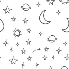 Stars, planets and moons seamless pattern. Hand drawn sky element doodles. Background texture. Space, universe and cosmos.