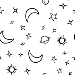 Stars, planets and moons seamless pattern. Hand drawn sky element doodles. Background texture. Space, universe and cosmos.