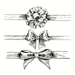 Hand drawn pull bow collection, classic with ribbon, top view. Ink black and white drawing illustration