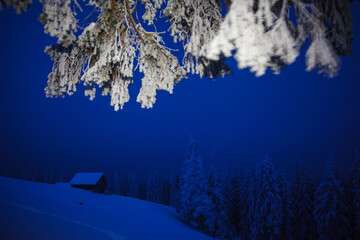 Fantastic winter landscape with a wooden hut in the dark forest.