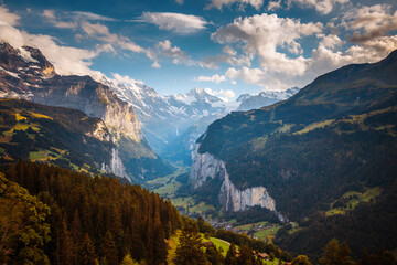Scenic surroundings near the alpine resort Wengen. Location place Swiss alp, Lauterbrunnen valley.