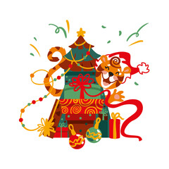 Christmas tree, many gift box and funny tige, simbol 2022 year