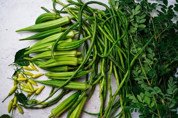 Fresh picked garden vegetables - long beans,Moringa leaves okra