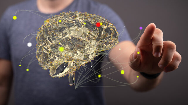 Creative background, the human brain on a blue background, the hemisphere