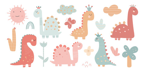 Dinosaur Girls Cute Vector Set with plants, trees, stones in trendy colors Simple nursery art for baby girl cute print.
