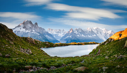 Picturesque scene of Lac Blanc on the background of Mont Blanc glacier. Chamonix resort, Graian Alps, France, Europe.