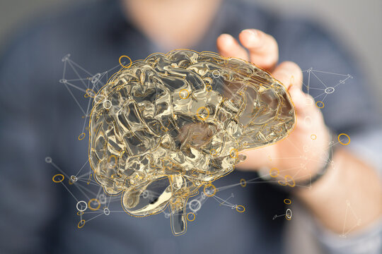Human brain digital illustration. Electrical activity, flashes and lightning on a blue background.