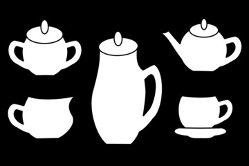 Dishes for tea and coffee, a set of white items on a black background for creativity, design, coloring, print