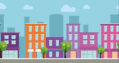 buildings in a beautiful cool and modern city setting with gardens and green trees in a 4k animation video