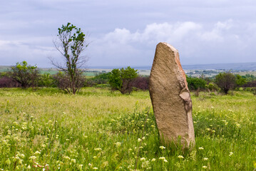 A vertically standing stone in the green steppe