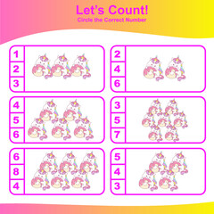 Count and Match Unicorn Game for kids. Unicorn counting game.  Math Worksheet for Preschool. Educational printable math worksheet. Vector illustration. 