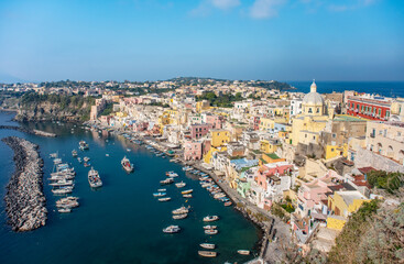 Fototapeta na wymiar Aerial drone view of Italian island Procida. Marina Corricella and fort