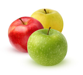  yellow, red and green apples on white background.