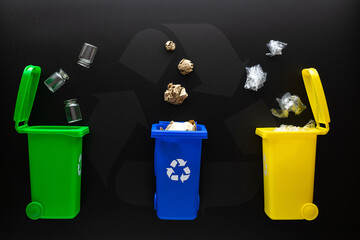 Precycling set. Bin container for disposal garbage waste and save environment. Yellow, green, blue...