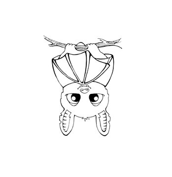 A cute bat with big eyes hangs on a branch. Isolated linear illustration in cartoon style on a white background for coloring. Outline.