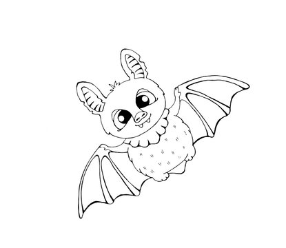 Cute bat in flight. Isolated linear illustration on white background for coloring. Outline.