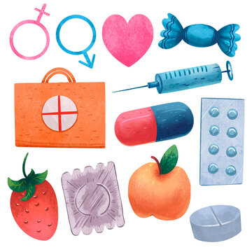 58 illustration for the day of sexual health, gender, pills, love, candy, syringe, first aid kit, capsule, strawberry, peach or apple, condom)