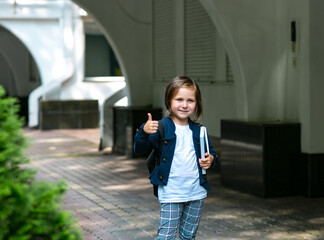 a beautiful little girl, a schoolgirl, in the afternoon near the school, in a school uniform