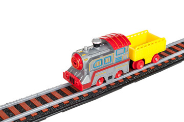 Toy train, locomotive, battery-powered steam locomotive with electric motor, trailer, car, on...