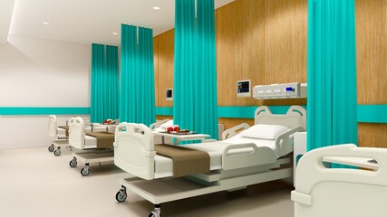 Hospital room with beds .Empty bed  and wheelchair in nursing  a clinic or hospital . 3d room and comfortable sofa rendering.Luxury patient bed  illustration.Modern hospital,health care concept.