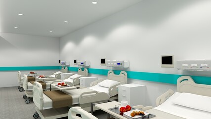 Hospital room with beds .Empty bed  and wheelchair in nursing  a clinic or hospital . 3d room and comfortable sofa rendering.Luxury patient bed  illustration.Modern hospital,health care concept.