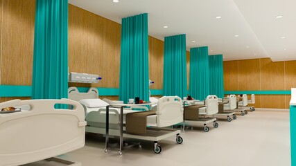Hospital room with beds .Empty bed  and wheelchair in nursing  a clinic or hospital . 3d room and comfortable sofa rendering.Luxury patient bed  illustration.Modern hospital,health care concept.
