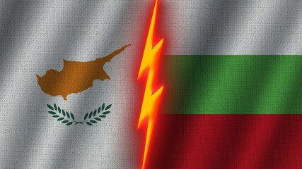 Bulgaria and Cyprus Flags Together, Wavy Fabric Texture Effect, Neon Glow Effect, Shining Thunder Icon, Crisis Concept, 3D Illustration