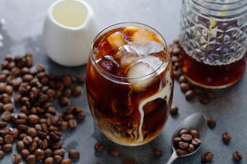 Iced coffee with ice cubes in glass