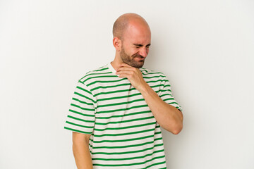 Young bald man isolated on white background suffers pain in throat due a virus or infection.