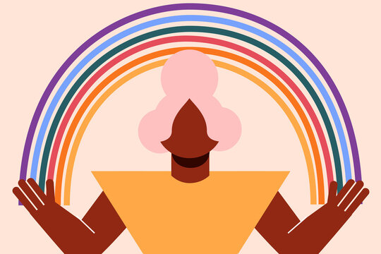 Dark-skinned woman, person under a rainbow. Gay, lesbian, sexuality, queer, pride. LGBTQ+ community, celebration of self. Character design, Modern colorful vector illustration