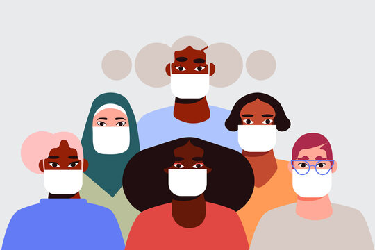 Group of diverse young people wearing masks. International community. Community Health Workers. Pandemic fight. Fighting coronavirus, covid 19, infection, outbreak. 