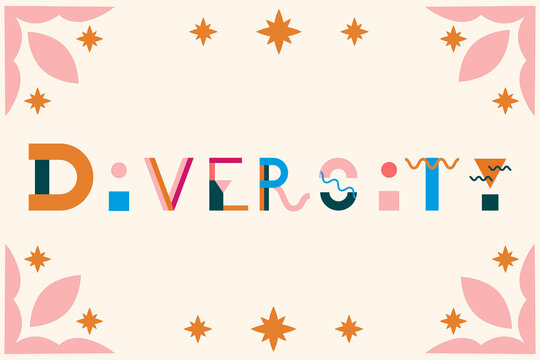 Diversity lettering, typography. Colorful letters with details. Creative typography. Fun, vector illustration for article, post or social media.
