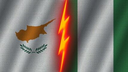 Nigeria and Cyprus Flags Together, Wavy Fabric Texture Effect, Neon Glow Effect, Shining Thunder Icon, Crisis Concept, 3D Illustration