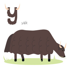 Animals alphabet. Y for yak. Flat vector illustration on white background. Funny cartoon animal. Kids abc education. Learning English vocabulary. Zoo alphabet flash card