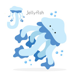 Animals alphabet. J for jellyfish. Flat vector illustration on white background. Funny cartoon animal. Kids abc education. Learning English vocabulary. Zoo alphabet flash card