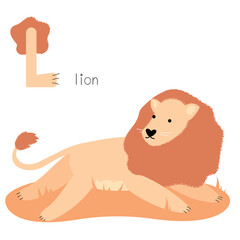 Animals alphabet. L for lion. Flat vector illustration on white background. Funny cartoon animal. Kids abc education. Learning English vocabulary. Zoo alphabet flash card