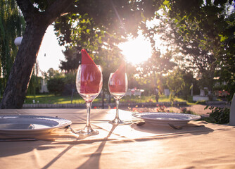 Romantic dinner in a garden during a sunset