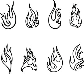 Fire doodle set in paper art style on light background. Vector illustration design. Nature background. Fire, flame. Sketch drawing. Hand drawn vector illustration. Cartoon vector illustration.