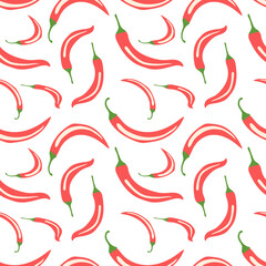 Red hot chili peppers on a white background. Seamless pattern with vegetables for trendy fabrics, decorative pillows. Vector.