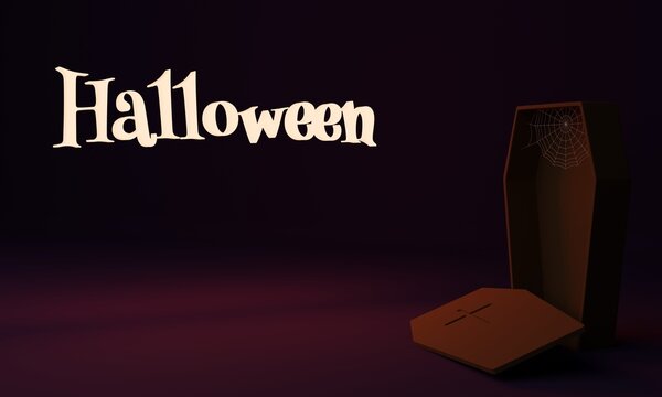 3d rendering. Wooden coffin with opened top and spiderweb in it for halloween invintation.