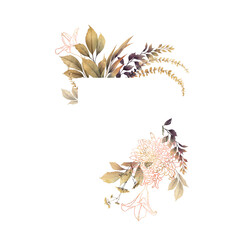 Floral autumn frame, can be used as invitation card for wedding, birthday and other holiday and  summer background. Botanical art. Watercolor