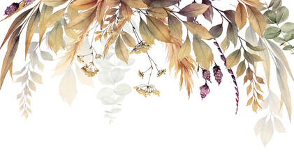Floral border with autemn leaves, can be used as invitation card for wedding, birthday and other holiday. Botanical art. Watercolor
