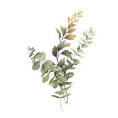 Bouquet of eucalyptus and autunm leaves, can be used as greeting card, invitation card for wedding, birthday and other holiday and  summer background. Watercolor illustration