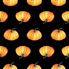 Seamless pattern with hand drawn watercolor pumpkins on a black background. Perfect for textiles, wrapping paper,scrapbooking, bags, stationery, greeting cards, websites, banners, packaging.