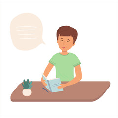Little boy is holding open books and reading. Vector concept illustration.The child does his homework himself. flat